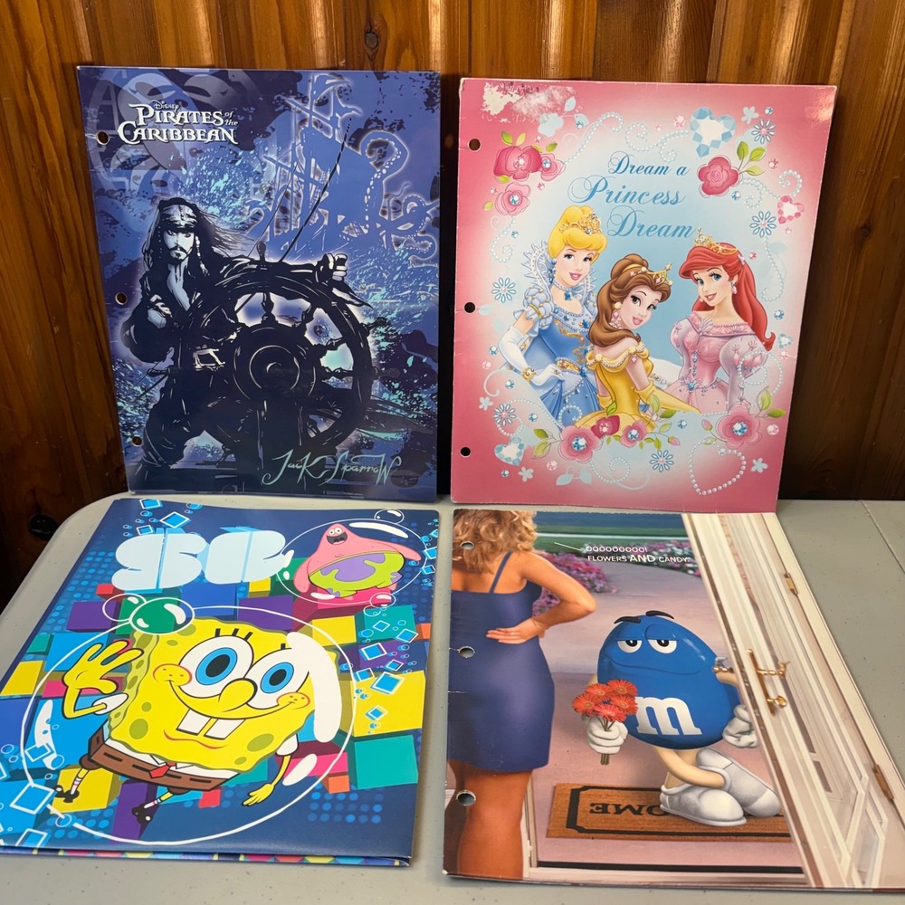 Vintage School Folders Lot Disney Princess Pirates SpongeBob M&Ms Y2K 4pc